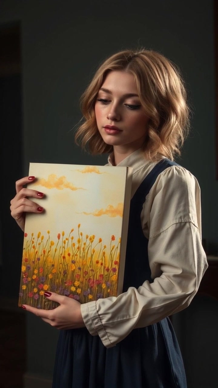 Subject: A somber individual named Ashley, holding a single canvas. Subject movement: Ashley stands still, gazing thoughtfully at the canvas in dim light. Scene: A quiet and intimate room, with shadows cast by soft ambient lighting. Motion: The camera slowly pushes in, focusing on the fragile texture of the canvas while capturing the emotional weight on Ashley's face.