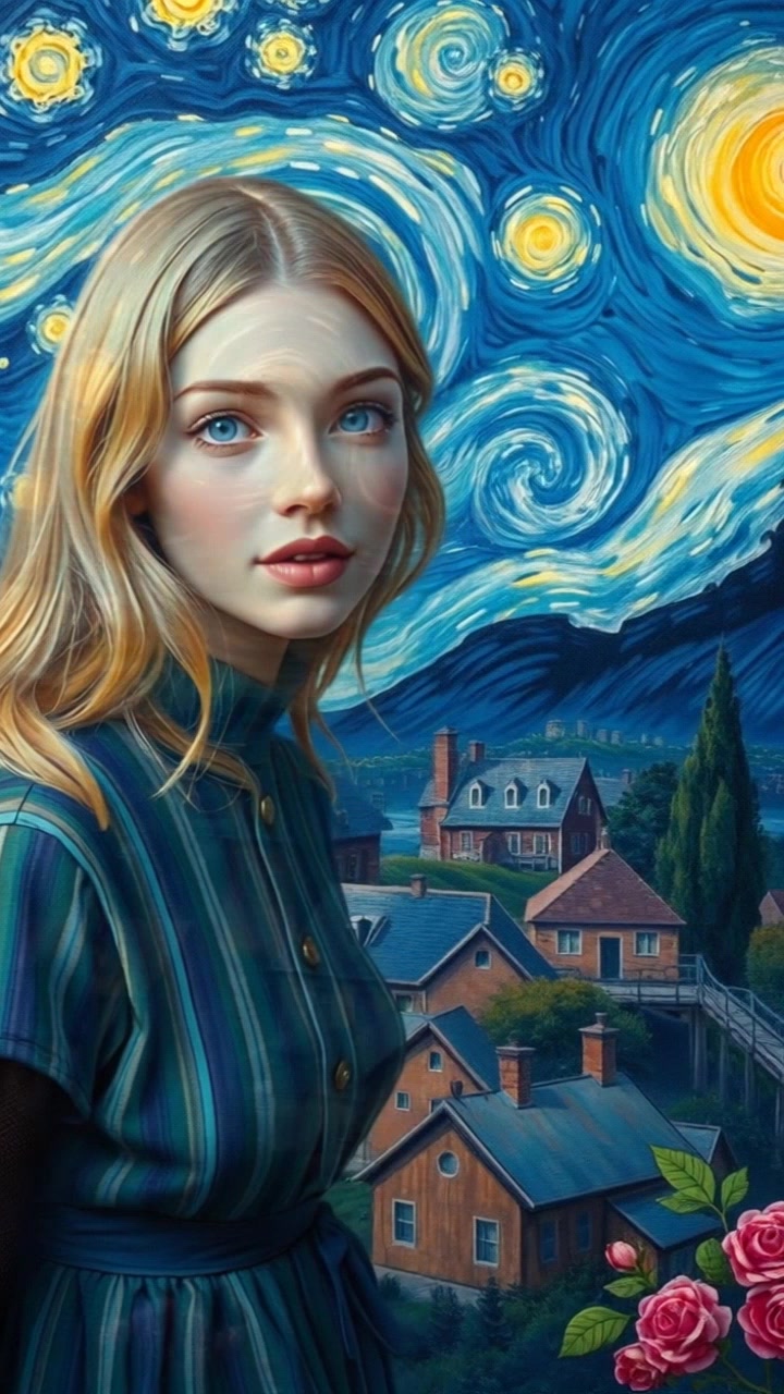 Scene: A serene landscape view of a peaceful village under a starry night sky, reminiscent of Van Gogh's artistic style. Style: Soft, ambient lighting highlighting the village's tranquility, contrasted with the vibrant, swirling stars above. Motion: A slow, fluid dolly shot moves across the village, capturing the subtle shimmer of the stars and the gentle undulations of the hills in the background.
