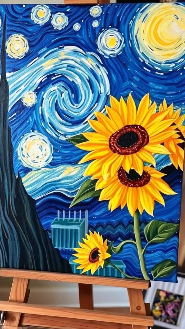 Scene: An artist's studio featuring a close-up view of 'Starry Night' and 'Sunflowers' displayed on an easel. Style: Soft, ambient lighting enhances the vibrancy of the paintings, with warm tones reflecting the artistic atmosphere. Motion: The camera gently pushes in towards the paintings, slowly rotating to highlight the intricate brush strokes and textures, creating an intimate connection with the artwork.