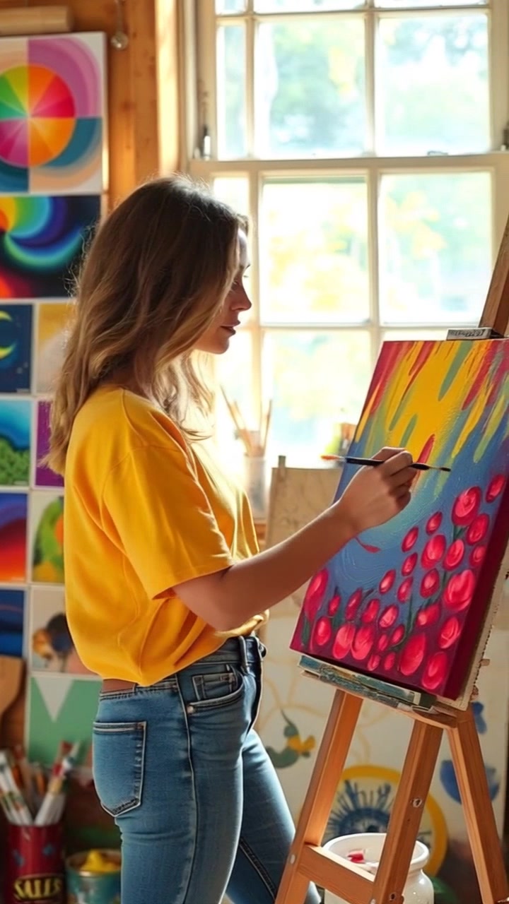 Subject: Ashley painting on a canvas in a sunlit studio, absorbed in her creative process. Subject movement: She moves her brush fluidly across the canvas, pausing occasionally to mix colors on her palette. Scene: Bright, sunlit studio filled with vibrant artwork and scattered painting supplies. Style: Warm, natural light illuminating the room, casting soft shadows and enhancing the colors around her. Motion: Camera performs a gentle dolly in, capturing Ashley's focused expression and the dynamic colors on the canvas, then arcs around to showcase the artwork lining the walls.