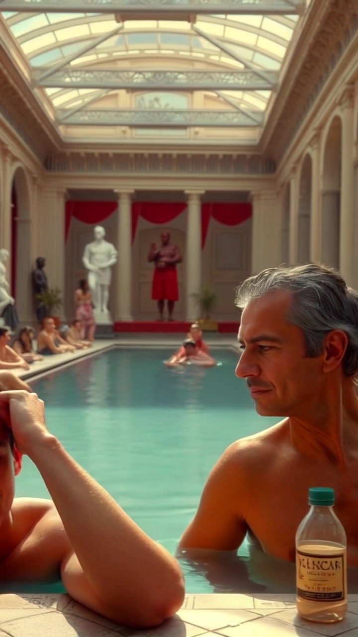 Scene: A lively group of citizens socializing around a large pool in a Roman bath, engaged in cheerful conversation and relaxation. Style: Soft, warm lighting mimicking the feel of a sunny afternoon, creating an inviting atmosphere. Motion: The camera glides smoothly through the scene, capturing candid interactions as it gently circles the pool, highlighting the historical architecture and vibrant social dynamics.
