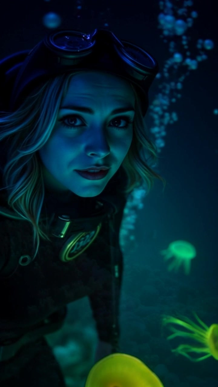 Scene: A dramatic underwater scene with a diver poised on the edge of a vibrant coral reef, preparing to descend into the deep blue abyss. Style: Soft diffused light filters through the water, creating a serene yet mysterious atmosphere. Motion: The camera gently pushes in, capturing the diver's focused expression as bubbles rise around them, with deep-sea colors transitioning into darker shades of the ocean depths.