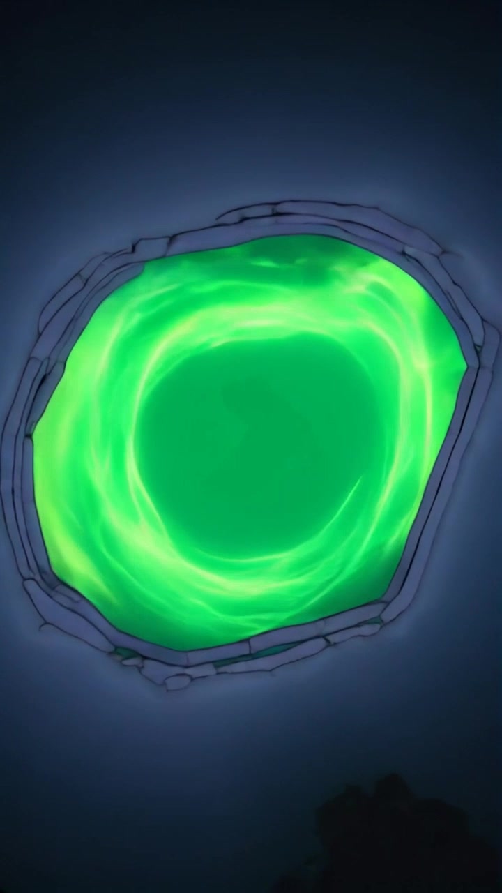 Scene: A chaotic environment dominated by a swirling portal emitting vibrant green energy, with a dark silhouette of Mateo emerging from its depths. Style: Otherworldly and intense lighting, emphasizing the luminous green against dark surroundings. Motion: The camera spins rapidly around the portal and slowly pushes in on Mateo, capturing the energy pulsating from the portal and the silhouette's emergence.