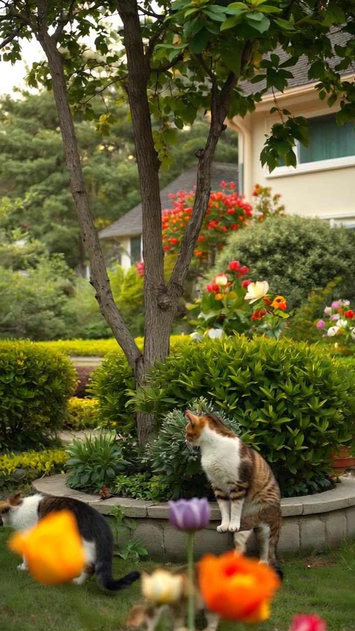 Scene: A tranquil garden with Ashley's house in the background, hinting at an impending change in the atmosphere. Style: Soft, ambient light filtering through the leaves, creating a serene and reflective mood. Motion: The camera slowly glides through the garden, capturing the gentle sway of flowers and foliage, while hinting at the shifting light as day transitions to dusk.