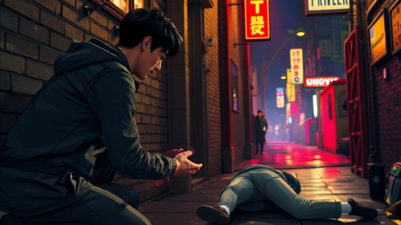 Subject: A person kneeling beside a body in a dark alley, examining the scene intently. Subject movement: The individual leans forward, scanning details on the ground, using hand gestures to emphasize their observations. Scene: A dimly lit alley, surrounded by towering brick walls, trash cans scattered about, and the faint glow of a distant streetlamp. Lighting: Low-key ambient light creating deep shadows, enhancing the tension of the scene. Motion: Handheld camera slowly pushes in, capturing the intensity of the moment as it circles the subjects, highlighting the grim nature of the investigation.