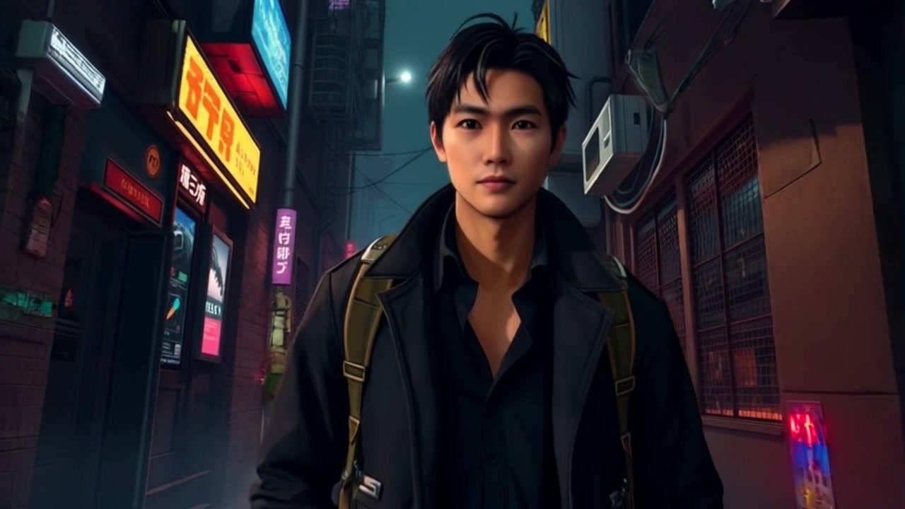 Subject: Detective Ken Ishikawa walking confidently through a shadowy alley, illuminated by sporadic neon lights reflecting off the wet pavement. Scene: A narrow, dark alley lined with high-tech gadgets and flickering screens, hinting at a futuristic urban setting. Style: Moody, low-key lighting that casts dramatic shadows and highlights the technological elements. Motion: The camera tracks smoothly alongside Ishikawa, maintaining a low-angle perspective that emphasizes his presence as he strides through the alley, creating a tense and suspenseful atmosphere.