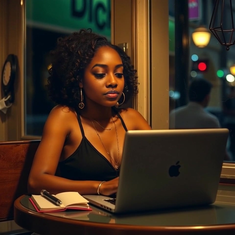 Subject: A thoughtful individual at a café table. Scene: Cozy café setting with warm wooden furniture, soft lighting creating an inviting atmosphere. Motion: The camera gently pushes in on the subject, capturing her contemplation before transitioning to a close-up of her laptop screen, showcasing her notes and thoughts. Lighting: Soft, ambient light spilling through nearby windows, accentuating the relaxed mood.