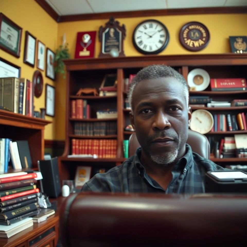 Scene: Kwame's office, adorned with awards and books, featuring a large desk at the center. Style: Ambient light softly illuminating the room, highlighting the textures of the wooden desk and the gleam of the awards. Motion: The camera glides smoothly through the office space, panning across the decorations and settling on an inspirational quote framed on the wall.