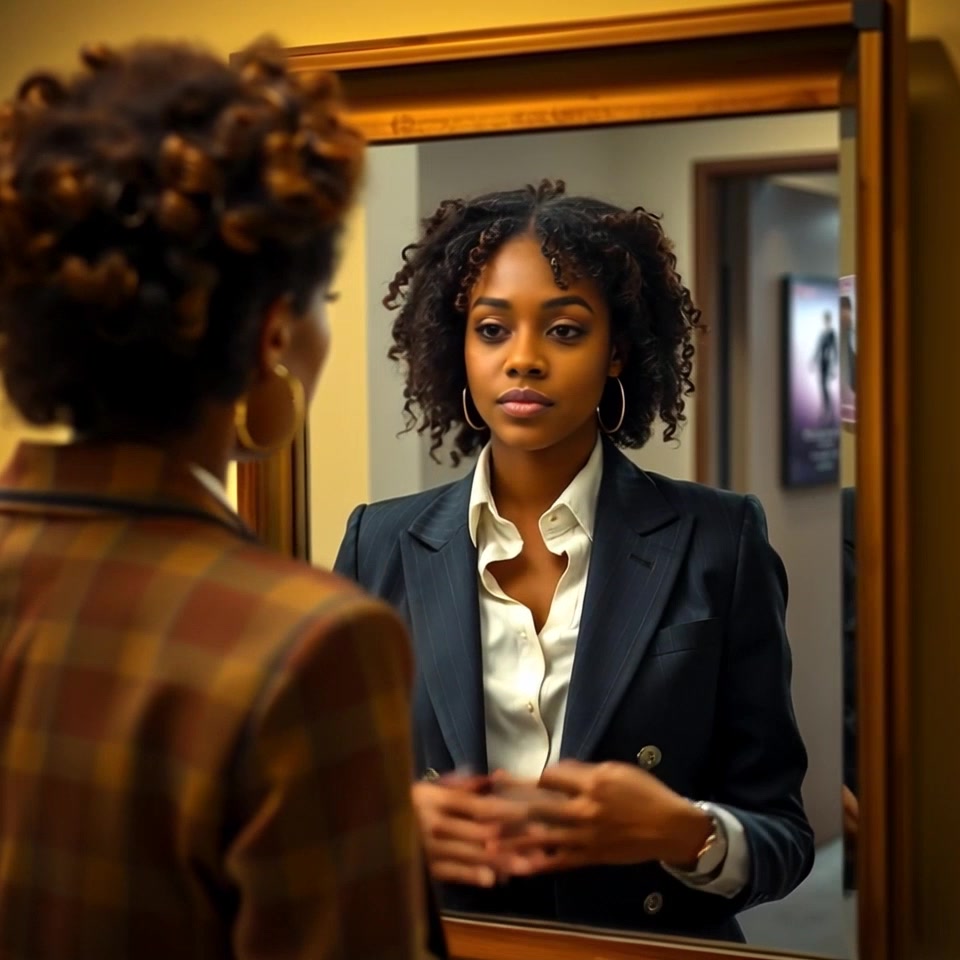 Subject: A determined individual, Nia, standing confidently in front of a mirror, dressed in business attire. Subject movement: Nia adjusts her blazer, reflecting her focus and ambition as she prepares for the day ahead. Scene: Elegant dressing area with soft lighting, featuring minimalistic decor that emphasizes professionalism. Style: Morning light softly illuminating the scene, creating an inspiring atmosphere. Motion: Camera performs a close-up push-in on Nia's determined expression before subtly panning to capture the reflection in the mirror.