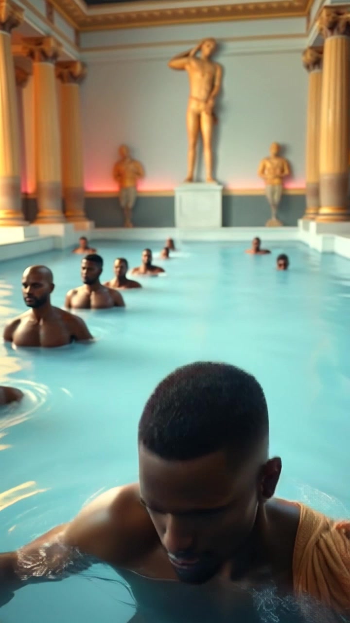 Scene: A detailed view of the frigidarium, showcasing icy blue water where Roman men are stepping in to experience the chilling plunge. Style: Crisp and bright cold lighting casting reflections on the water's surface, enhancing the serene atmosphere of the ancient setting. Motion: Camera glides smoothly across the surface of the water, capturing the moment as the men enter, rippling the ice-cold water and creating dynamic patterns.