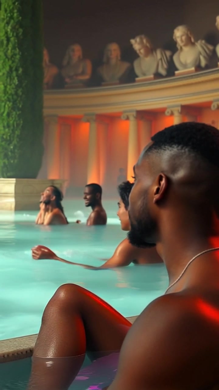 Scene: A lively Roman bathhouse brimming with people chatting and lounging in warm, steaming water, surrounded by marble columns and lush greenery. Style: Soft, ambient light filtering through the domed ceiling, casting gentle shadows across the water's surface. Motion: The camera glides smoothly over the bathhouse, capturing the animated exchanges and relaxed atmospheres, with close-ups of hands splashing water and laughter echoing in the air.