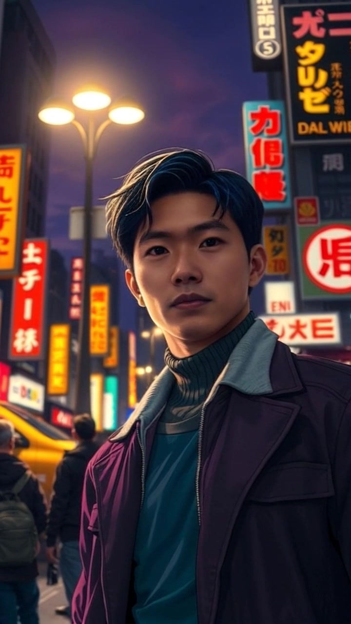 Subject: Detective Ken Ishikawa standing under a streetlight. Subject movement: He shifts his gaze with determination, scanning the bustling city street. Scene: Urban cityscape alive with neon lights, pedestrians, and distant traffic noise. Style: Nighttime, with bright streetlight casts dramatic shadows on the pavement. Motion: The camera performs a slow dolly in, emphasizing his focused expression against the vibrant city backdrop.