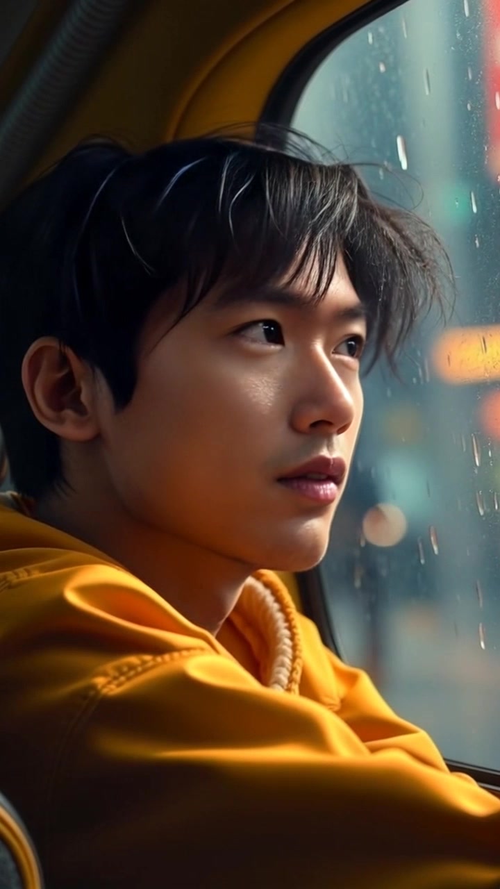 Scene: Inside Ken's Spinner, a cozy cafe setting with a window showing rain streaking down. Style: Soft, ambient lighting creating a warm, inviting atmosphere despite the dreary weather outside. Motion: The camera performs a slow push-in towards Ken as he gazes thoughtfully out the window, blurring slightly to emphasize his introspective mood.