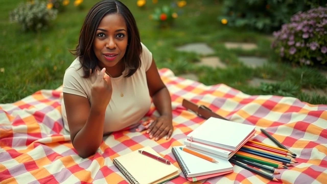 Subject: Monique standing excitedly next to a vibrant picnic blanket, gesturing towards a colorful pile of notebooks and pencils scattered across it. Subject movement: She moves animatedly with her arms to emphasize her enthusiasm. Scene: A sunny outdoor park setting, with lush green grass and gentle trees in the background. Style: Bright, midday lighting, creating a cheerful and inviting atmosphere. Motion: The camera begins from a close-up of the notebooks, then smoothly pans up to Monique as she gestures, capturing her excitement in the moment.