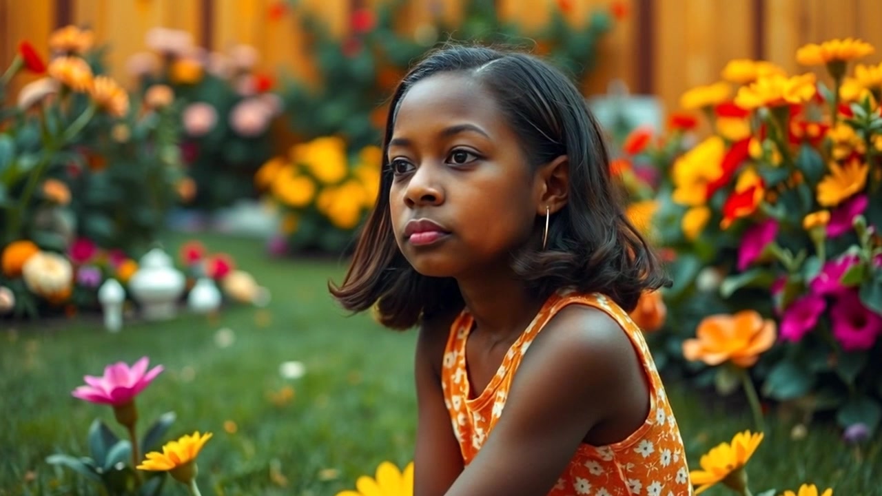 Subject: A young girl sitting on the grass, lost in thoughts, surrounded by a vibrant garden filled with colorful flowers. Subject movement: The girl gently sways back and forth, her hair fluttering in the soft breeze. Scene: A lively backyard brimming with flowers, sunlight filtering through the leaves. Style: Warm, afternoon sunlight casting a golden hue over the scene, enhancing the cheerful atmosphere. Motion: The camera slowly pushes in on the girl, capturing her serene expression, while the flowers in the foreground dance slightly in the breeze.