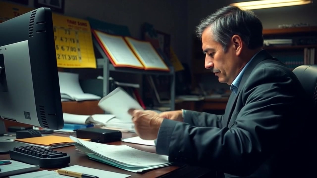 Scene: An office desk cluttered with papers and ledgers, as a person meticulously reviews each document, surrounded by a neatly organized chaos. Style: Soft, ambient lighting filtering through a nearby window, creating a warm and focused atmosphere. Motion: The camera tracks smoothly from a close-up of the documents on the desk to the individual's hands, showcasing their precise movements, then pulls back to reveal the entire workspace.