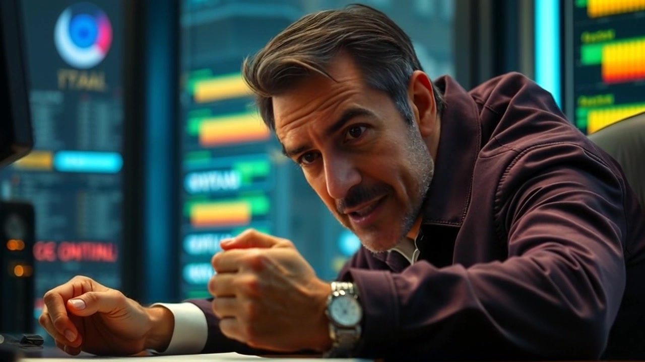 Subject: A figure intensely leaning forward in a chair, delivering a stern warning. Scene: A serious office environment with a cluttered desk, paperwork strewn about, and a dimly lit backdrop that conveys tension. Style: Low-key lighting emphasizing shadows, creating a moody atmosphere. Motion: Camera pushes in slowly, capturing the intensity of the figure's expression and grip on the desk, pulling the viewer closer to the gravity of the moment.
