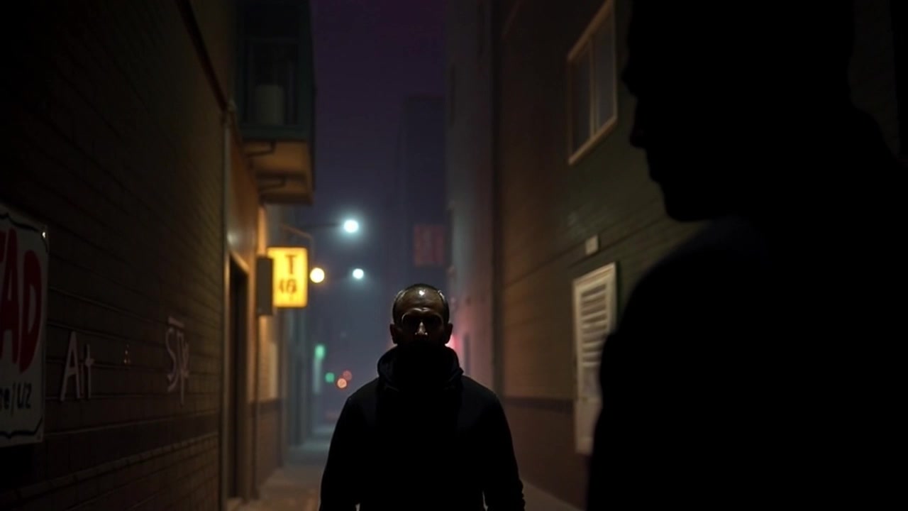 Scene: A shadowy alley at night, with the silhouette of a person facing an unknown figure, embodying tension and readiness for action. Style: Dim lighting accentuating the contours of the figures and the foreboding atmosphere of the alley. Motion: Camera slowly pushes in, heightening the suspense as the characters remain still, but the palpable energy hints at the imminent confrontation.