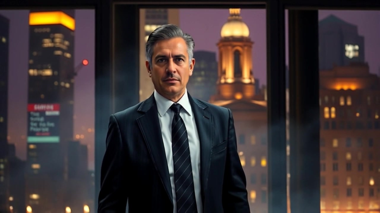 Subject: A confident figure in a sharp suit. Subject movement: The figure stands assertively in a smoky office, casting a strong silhouette against the urban backdrop. Scene: Sleek office interior with dim lighting and city lights twinkling through the window. Style: Moody lighting that accentuates the smoky atmosphere, creating a dramatic effect. Motion: The camera starts with a close-up on the figure, then slowly pulls back to reveal the office setting, creating an engaging sense of space and presence.