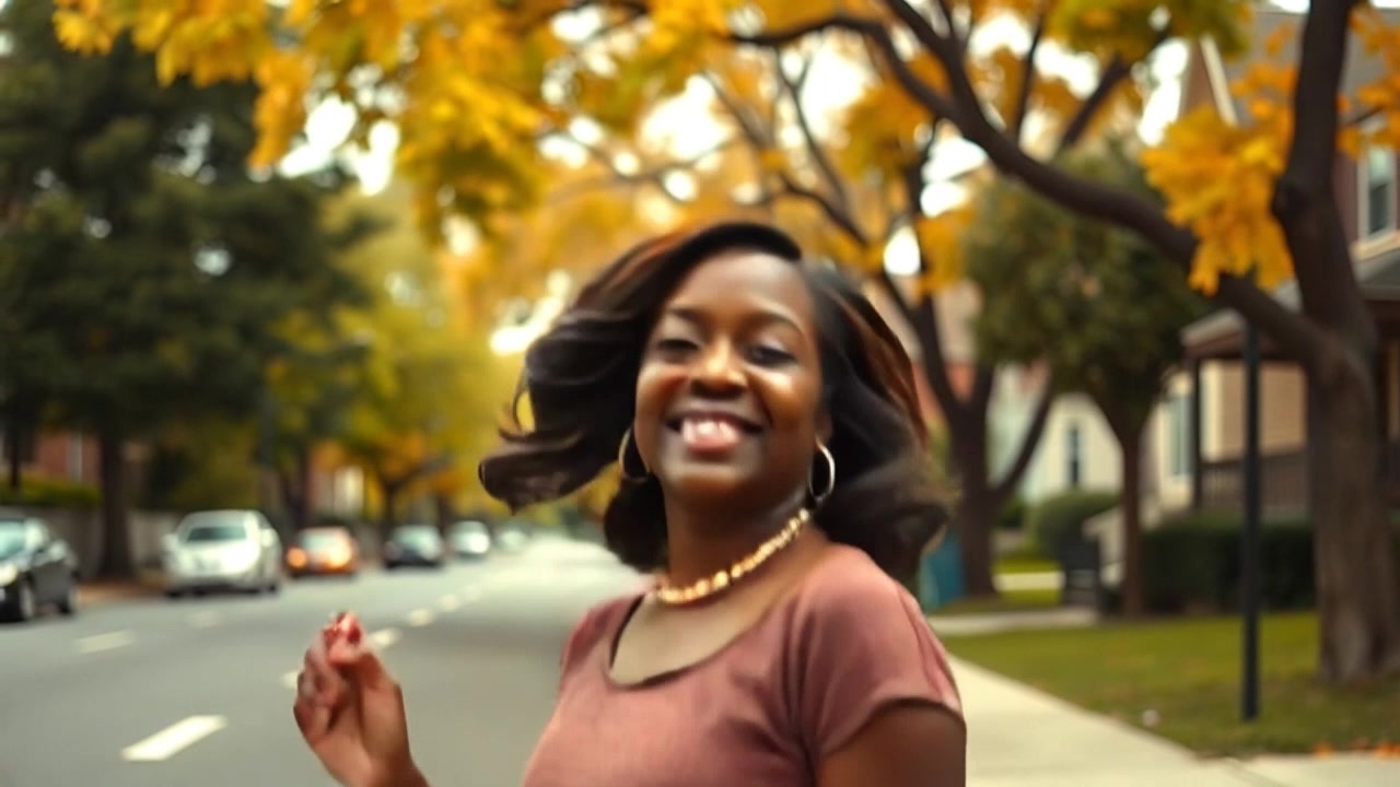 Subject: Monique playing happily near the sidewalk. Subject movement: She runs joyfully, weaving between the trees lining the picturesque neighborhood street. Scene: A charming neighborhood street, vibrant with greenery and gentle sunlight filtering through the leaves. Style: Bright, warm afternoon light creating cheerful highlights and soft shadows. Motion: The camera follows a smooth tracking shot alongside Monique, capturing her joyful energy as she plays, with trees swaying gently in the background.