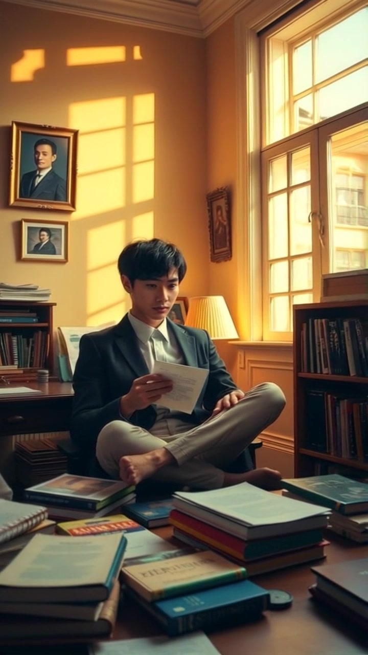 Scene: Ken's room bathed in soft afternoon light, with books and papers scattered around a cluttered desk. Style: Warm, inviting light that enhances the cozy atmosphere, creating soft shadows and highlights on the surfaces. Motion: The camera moves gently around the room, gliding over the desk, capturing the details of the scattered papers and books, before panning towards a window, revealing the golden glow of the setting sun.