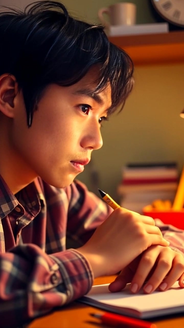 Scene: A close-up of a young person named Ken at his cluttered desk, his head resting on his hand as he gazes at scattered pieces of unfinished homework. Style: Warm, ambient lighting casts soft shadows across the desk, highlighting paper and stationery. Motion: The camera performs a gentle push-in, emphasizing Ken's contemplative expression, with a slight focus shift to the homework in front of him.