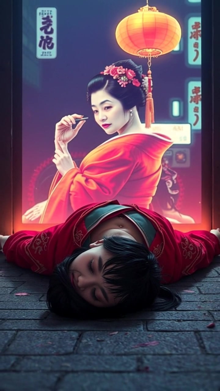 Scene: A dark alley with a body sprawled on the ground beneath a flickering holographic image of a geisha, neon lights reflecting off wet pavement. Style: The ambience is moody with a pulsing glow from the hologram, creating an eerie atmosphere. Motion: The camera begins with a close-up of the holographic geisha, before dramatically panning down to reveal the body, emphasizing the contrast between life and the ethereal image above.