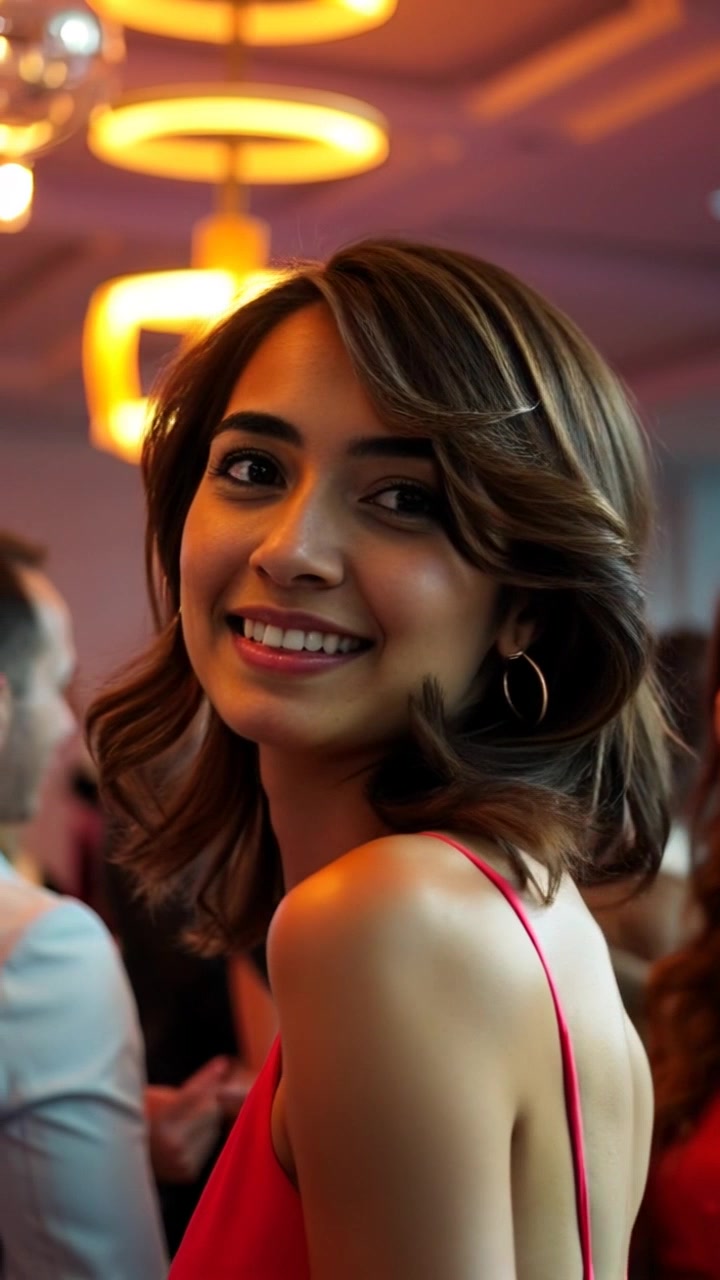 Subject: Laila, elegantly smiling as she receives admiration from party guests. Subject movement: She turns her head slightly to engage with the people around her, her smile warm and inviting. Scene: An upscale party atmosphere filled with elegantly dressed guests, soft music in the background, and decorative lighting creating a festive mood. Style: Soft, ambient lighting with a slight glow, enhancing the joy in the scene. Motion: The camera smoothly pans around Laila, subtly focusing on her expression and the reactions of the guests, capturing the warmth of the social interaction.