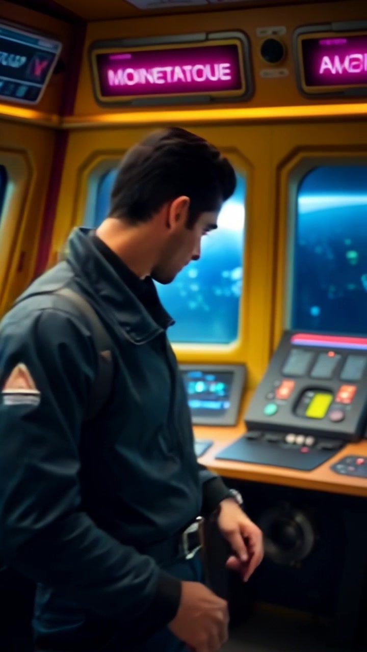 Subject: A focused pilot checking his equipment. Subject movement: The pilot adjusts switches and inspects the control panel with intent, embodying a sense of urgency. Scene: Inside the high-tech control room of Montague Station, surrounded by glowing screens and complex instrumentation. Style: Ambient lighting with a blue-green hue, creating a futuristic atmosphere. Motion: The camera slowly zooms in on the pilot's concentrated face, then pans to reveal the intricate control panels, capturing the intensity of the moment.