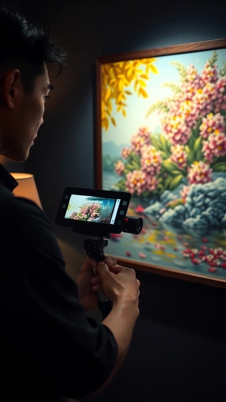 Scene: An editor sits in a dimly lit room, deeply focused on an old film projector whirring softly, showcasing vintage footage of Ken's artwork. Style: Warm, muted lighting creates an intimate atmosphere, with shadows dancing across the walls. Motion: The camera pans slowly from the projector to the editor, capturing the moment of nostalgia as the editor leans in, absorbed in the flickering images.