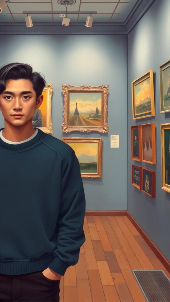 Scene: An empty art gallery showcasing blank walls, symbolizing Van Gogh's early career as a struggling artist. Style: Soft, ambient lighting that highlights the textures of the walls, creating a contemplative atmosphere. Motion: The camera glides slowly through the gallery, with a smooth tracking shot that emphasizes the emptiness and evokes a sense of longing.