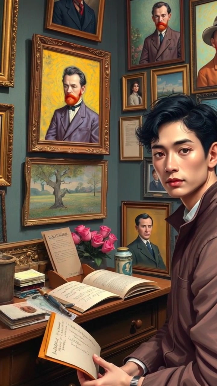 Scene: A vintage art dealer's office filled with paintings, letters, and sketches that hint at Van Gogh's past work, highlighting ornate decor and richly textured walls. Style: Soft, ambient lighting creating a warm and inviting atmosphere with subtle highlights on the artwork. Motion: The camera slowly glides through the room, panning across the displayed art and documentation, eventually zooming in on a particularly evocative piece as if inviting the viewer to experience the stories behind them.