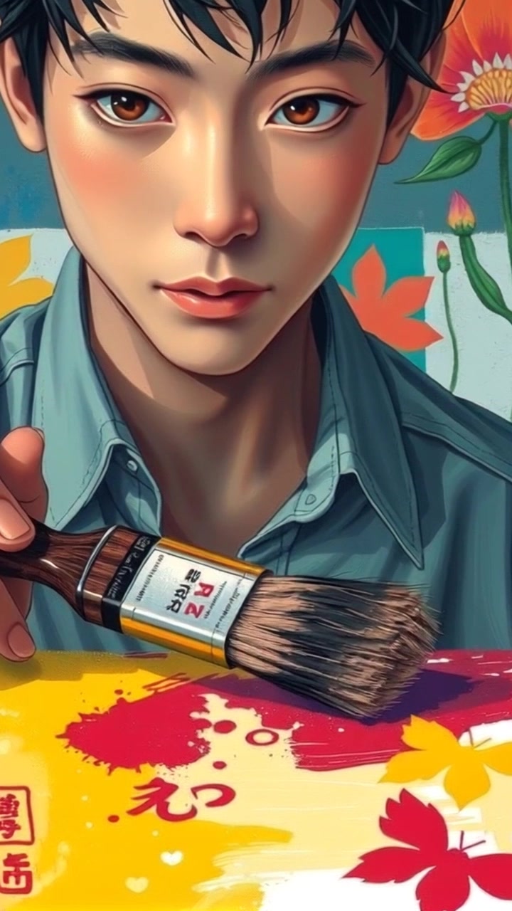 Scene: A close-up of a paintbrush resting on a vibrant canvas, surrounded by a backdrop of unfinished paintings in various stages of completion. Style: Soft, ambient lighting illuminating the colors of the paint and canvas textures, creating a warm and inviting atmosphere. Motion: The camera slowly dollies in on the paintbrush, capturing the intricate details of the bristles and the paint on the canvas, while subtly shifting focus to the unfinished artwork behind.