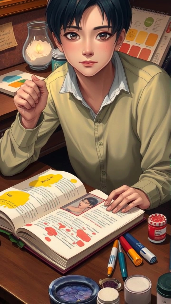Scene: An antique book opened to a page about Ken, surrounded by various art supplies on a rustic wooden desk. Style: Soft, warm lighting creating an inviting atmosphere, with gentle shadows enhancing the textures of the book and desk. Motion: The camera slowly pans across the desk, focusing on the intricacies of the art supplies and the pages of the book, capturing the details in a serene, intimate manner.