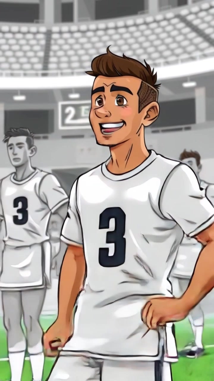 Subject: A confident young athlete smiling and preparing to play, with teammates visible in the background. Subject movement: The athlete joyfully bounces on his feet, exuding energy and readiness. Scene: A vibrant sports field filled with teammates, bright green grass under the clear blue sky. Style: Bright, natural daylight creating a dynamic atmosphere filled with anticipation. Motion: Camera smoothly pushes in on the athlete, capturing his infectious enthusiasm, while the background remains slightly blurred to emphasize his excitement.