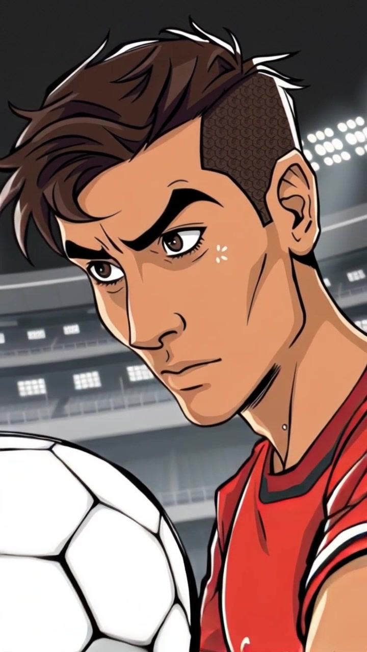 Subject: A focused athlete, Amir, eyes locked on the ball. Subject movement: He suddenly lunges forward, showcasing determination and intensity. Scene: Intense stadium setting with bright lights illuminating the action, surrounded by a cheering crowd. Style: Dramatic lighting that highlights the sweat on his brow, creating a vibrant, electric atmosphere. Motion: The camera performs a close-up push-in shot on Amir as he makes his move, capturing the powerful energy of the moment.