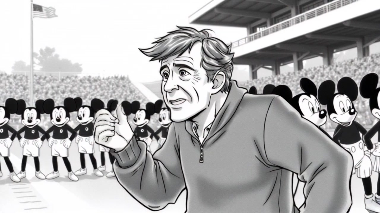 Subject: Mark standing confidently on the sidelines, passionately shouting instructions to his team. Scene: Dynamic sports field bustling with activity as players run drills in the background, intense focus on their training. Style: Bright daylight illuminating the scene, casting lively shadows. Motion: Camera performs a handheld tracking shot, zigzagging through the players and locking onto Mark's animated gestures, capturing the energy and urgency of the moment.