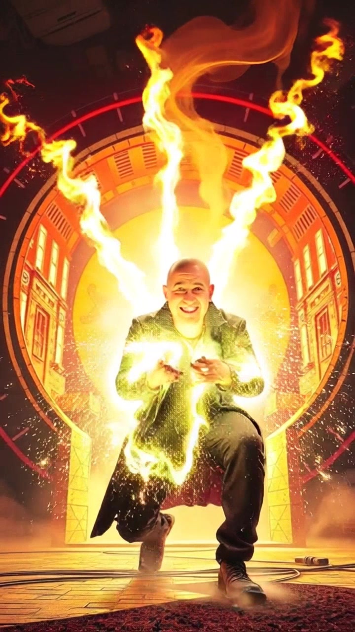 Subject: A whimsical character, Carlos, bursting joyfully from an energy-filled portal. Subject movement: Carlos emerges from the portal, cackling with glee, as swirling lights and sparks dance around him. Scene: An otherworldly setting with a vibrant energy portal at the center, surrounded by swirling, colorful mist. Style: Bright, magical illumination highlighting the intensity of the portal's energy. Motion: Camera zooms in dynamically on Carlos as he erupts from the portal, capturing the excitement in his expression and the vivid environment around him.