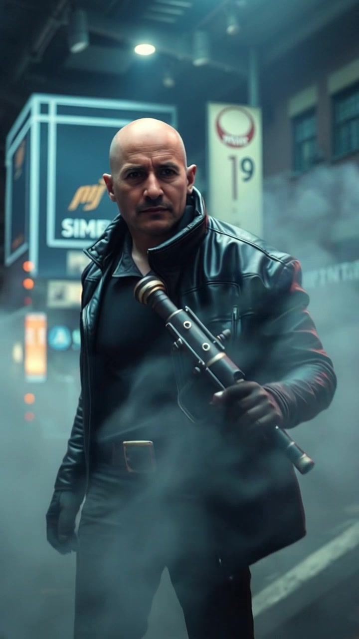 Subject: A figure in a menacing pose, ready to cause mayhem. Subject movement: The figure shifts slightly, creating an air of tension as smoke swirls around. Scene: A chaotic environment filled with billowing smoke and scattered debris, hinting at an impending explosion. Style: Dark, moody lighting accentuates the chaos, casting dramatic shadows. Motion: The camera performs a dramatic push-in, closing in on the figure while panning to capture the swirling chaos in the background.
