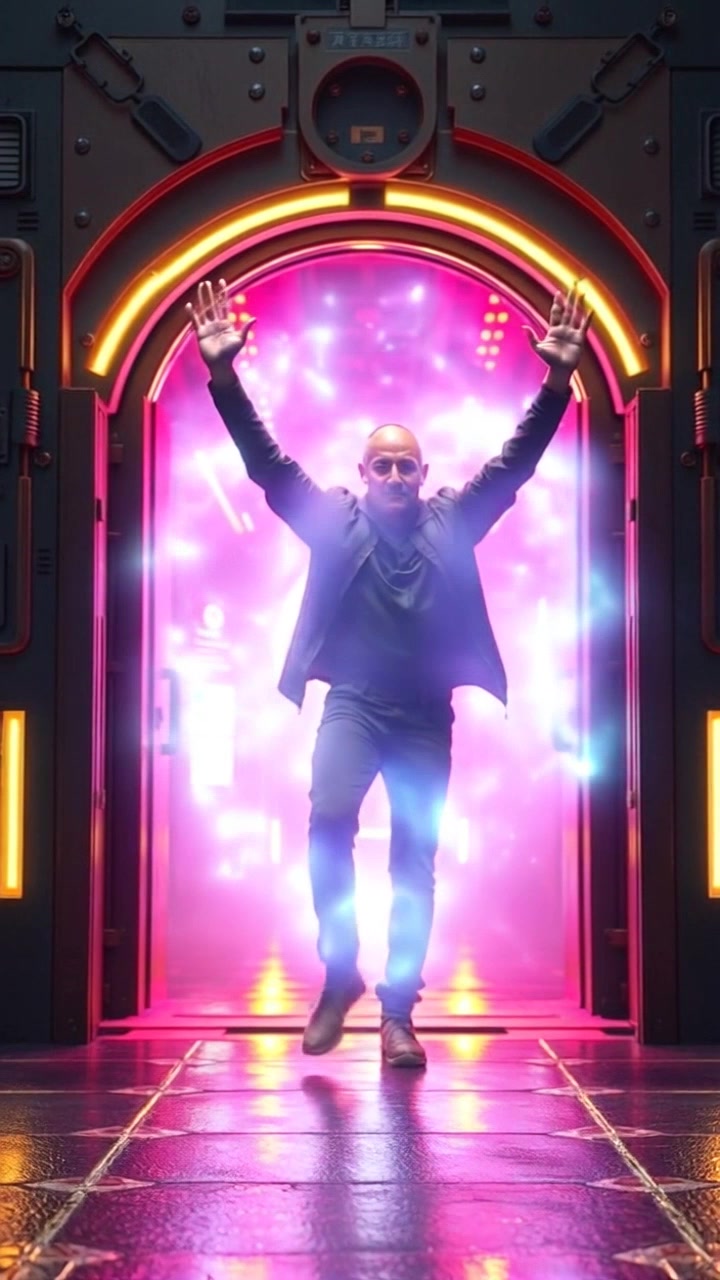 Subject: A character stepping out of a glowing portal. Subject movement: The character raises their arms in excitement as they emerge. Scene: A vibrant, swirling portal in a dynamic, otherworldly setting filled with colorful energy. Style: Bright, otherworldly light illuminating the surroundings with a sense of wonder. Motion: The camera performs a dramatic push-in as the character exits the portal, capturing the exhilaration of the moment.