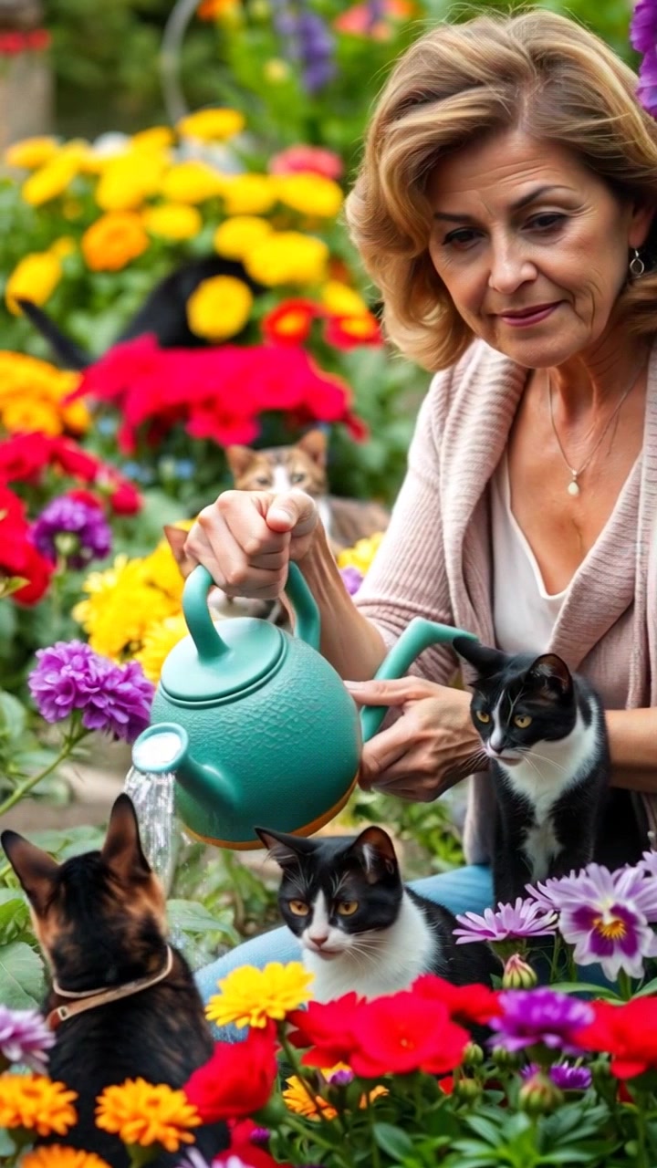 Subject: A person watering a vibrant garden filled with blooming flowers. Subject movement: The person gently tips a watering can, sprinkling water over the colorful blossoms, with a focused motion. Scene: A lush garden bursting with a variety of flowers against a green backdrop. Style: Soft, morning light illuminating the petals, creating a warm and inviting atmosphere. Motion: Camera slowly pushes in for a closeup, capturing the droplets of water glistening as they fall and the rich colors of the flowers.