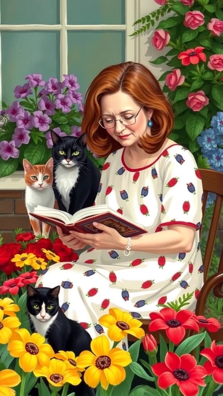 Subject: A woman engrossed in a book. Subject movement: She turns the pages slowly, occasionally glancing up to admire the blooming flowers around her. Scene: A serene garden setting, filled with vibrant flowers and lush greenery, with a wooden bench in the foreground. Style: Soft, dappled sunlight filtering through the trees, creating a warm and inviting atmosphere. Motion: The camera gently pushes in from a distance, capturing the peaceful moment, before pulling back to reveal more of the garden's beauty.