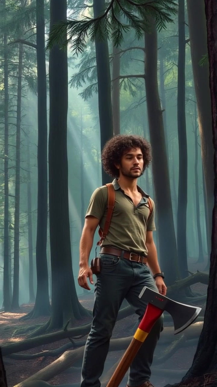 Scene: Mateo standing still in a dense forest, surrounded by tall trees, with an axe resting on the ground beside him. Style: Ambient lighting filtering through the canopy, creating dappled sunlight patterns on the forest floor. Motion: The camera slowly pans around Mateo, capturing the lush greenery and towering trees while emphasizing the peaceful yet rugged atmosphere of the forest.