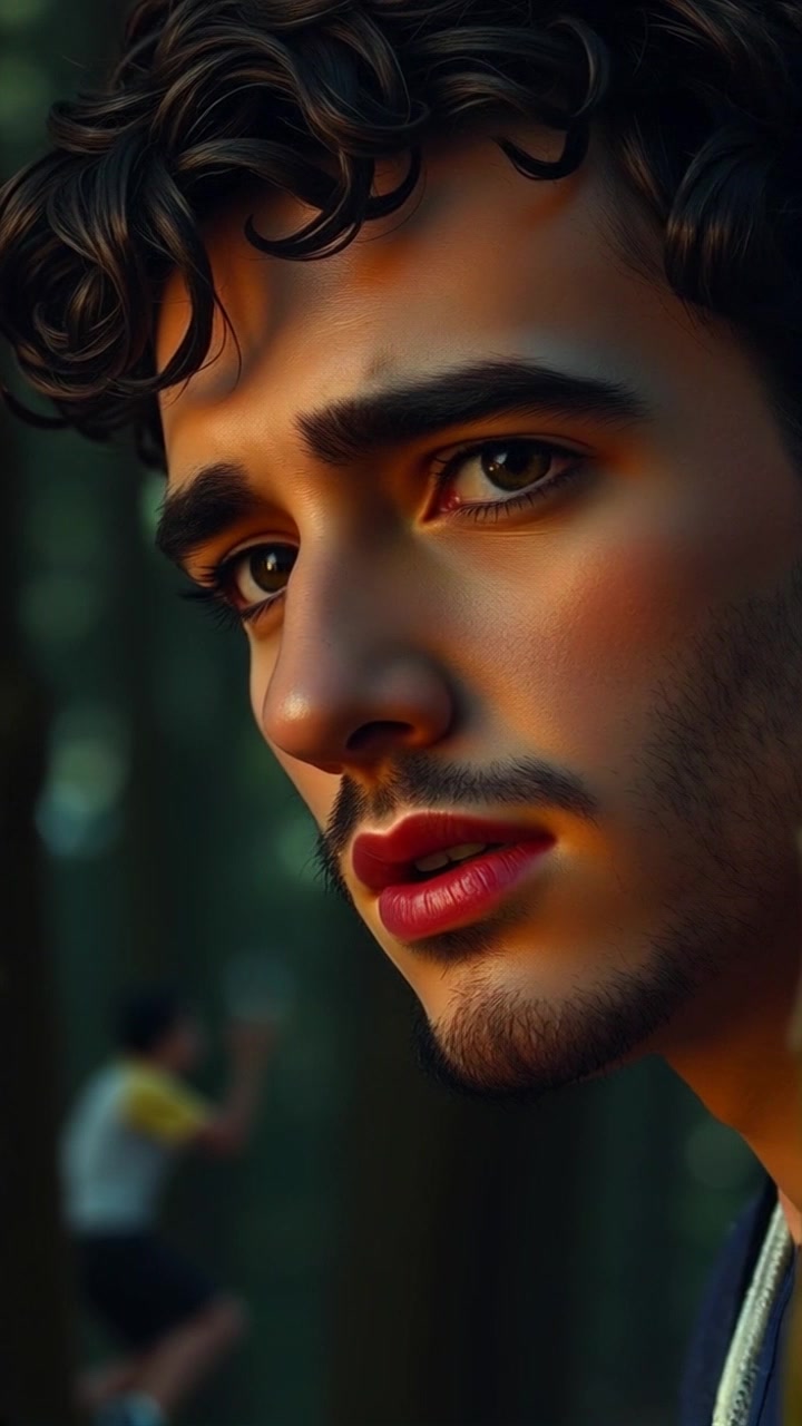 Subject: A young man with a concerned expression. Subject movement: He turns his head slightly, listening intently to the sound of galloping in the distance. Scene: A dense forest with sunlight filtering through the leaves, casting dappled shadows on the ground. Style: Ambient lighting that enhances the contrast between light and shadow, creating a tense atmosphere. Motion: Camera gently pushes in on his face, capturing the depth of his concern as the sounds grow nearer.