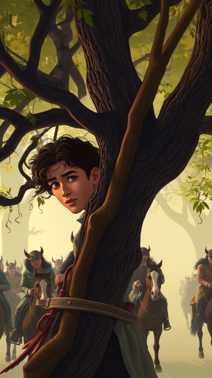 Subject: A cautious figure perched amid tree branches, peeking down with a worried expression as horsemen gather below. Subject movement: The figure shifts slightly, adjusting their position to obtain a better view of the scene, revealing tension in their posture. Scene: A dense forest setting with sunlight filtering through the leaves, casting dappled shadows on the ground. Style: Soft, diffused lighting creating a sense of urgency and tension, wrapped in an atmosphere of suspense. Motion: Camera begins with a close-up on the figure's expression before smoothly panning down through the branches to reveal the horsemen assembling in a clearing.