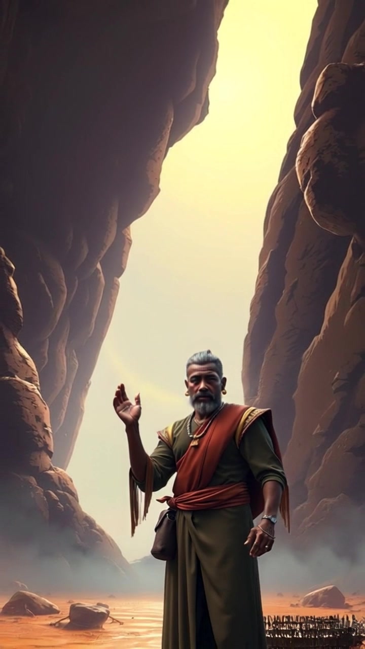 Subject: A robber chief standing confidently in front of a large rock. Subject movement: The robber chief gestures dramatically with his hand raised, commanding the opening. Scene: Rugged terrain near a concealed cave entrance, shadowed by the towering rock formations, with a sense of impending action. Style: Dynamic lighting with stark contrasts between light and shadow, creating a tense atmosphere. Motion: The camera begins with a close-up of the robber chief's determined expression, then swiftly pushes out to reveal the surrounding landscape as he commands, capturing the anticipation in the air.