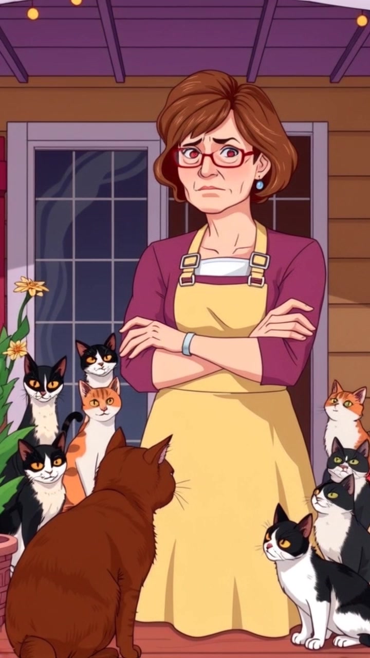 Subject: A woman standing on her porch with her arms crossed, frowning at a cat. Subject movement: The woman shifts her weight from one foot to the other as she glances down disapprovingly at the cat. Scene: A cozy porch with wooden panels extending into a sunny garden filled with blooming flowers. Style: Bright, afternoon light illuminating the scene, creating a cheerful yet slightly tense atmosphere. Motion: The camera slowly pushes in on the woman, capturing her expression while revealing the surrounding garden, enhancing the feeling of her frustration and the playful mischief of the cat.