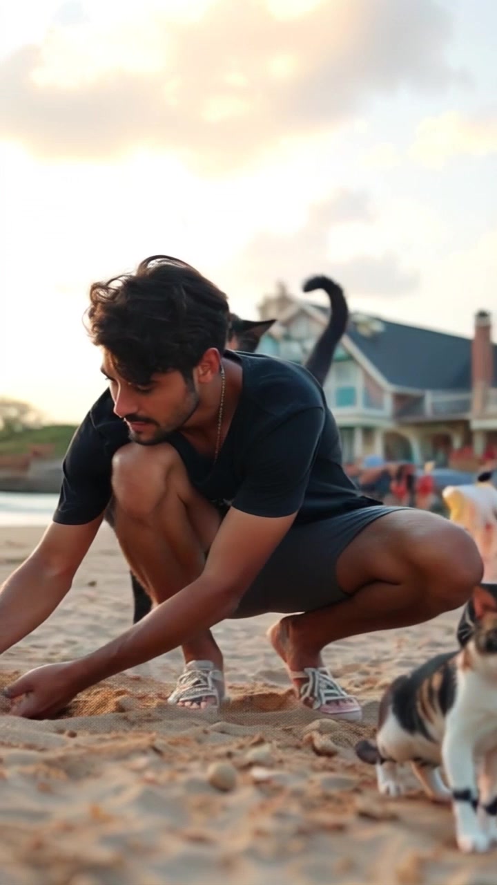 Subject: Mateo is crouching down, sifting through the sandy beach for shells. Scene: A sunny beach setting with gentle waves lapping at the shore, and the Gable's house in the background, its colors vibrant against the backdrop of blue sky and ocean. Motion: The camera moves in smoothly, tracking Mateo as he shifts the sand with his hands, capturing the details in his movements. Lighting: Bright, natural daylight enhances the sandy textures and the warm colors of the house, creating a cheerful atmosphere.