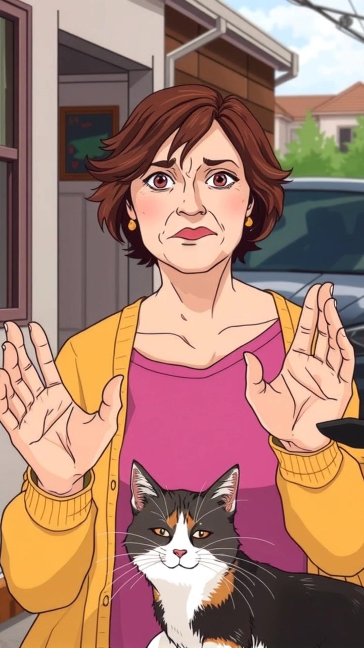 Subject: A frustrated woman waving her hands dismissively at a stray cat. Subject movement: The woman gestures with visible annoyance, while the cat pauses momentarily, then moves away hesitantly. Scene: A suburban street with a backdrop of houses and overgrown grass, evoking a typical neighborhood setting. Lighting: Soft afternoon light illuminating the scene. Motion: The camera slowly zooms in to capture the woman's expressive reaction, then pans down to follow the cat's retreat.