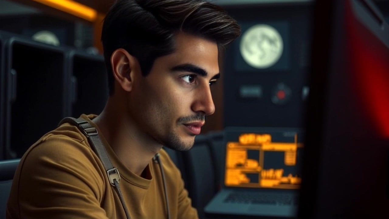 Scene: Amir Montague sitting in a dimly lit room, deeply focused on his computer screen, with a distant look in his eyes. Style: Low-key, moody lighting creating a contemplative atmosphere. Motion: Camera slowly zooms in on his face, capturing the subtle emotions conveyed by his expression as the background blurs out into darkness.